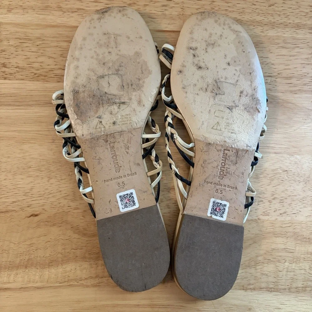 Larroudé Ibiza flat mules in multi-neutral leather 6.5 Tan Black‎ Brown Braided